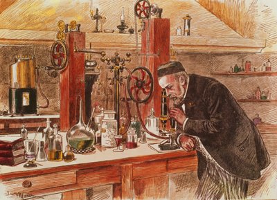 Louis Pasteur experimenting for the cure of hydrophobia in his laboratory by Adrien Emmanuel Marie